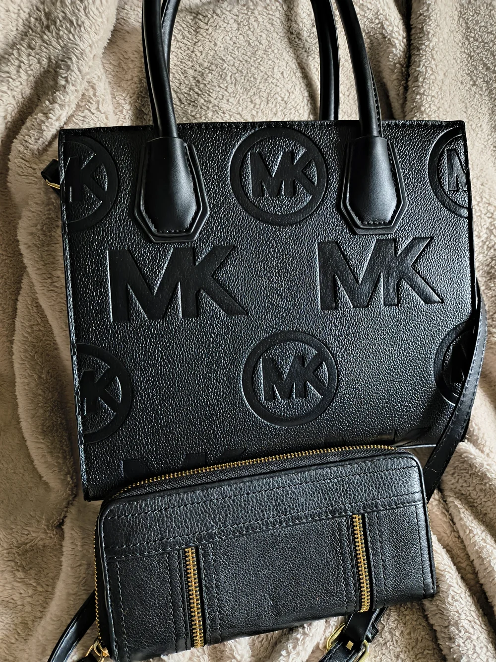 Michael Kors Black Embossed Logo Leather Tote with Zip Wallet